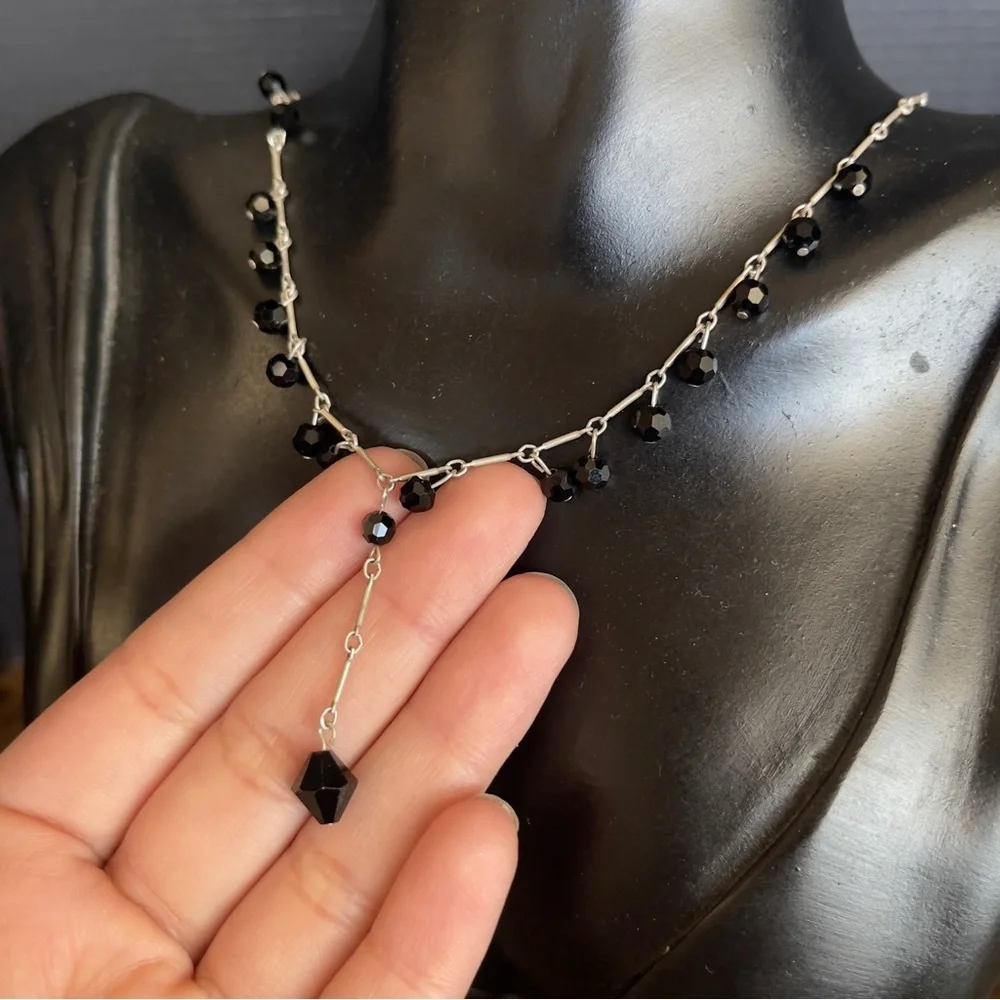 Sterling Silver Black Glass Clip Chain Necklace 16 Inch